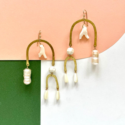 OOAK - Mother of Pearl, Coral, Fresh Water Pearl, Abalone and Hammered Brass Frames with 14K Gold Fill Earrings