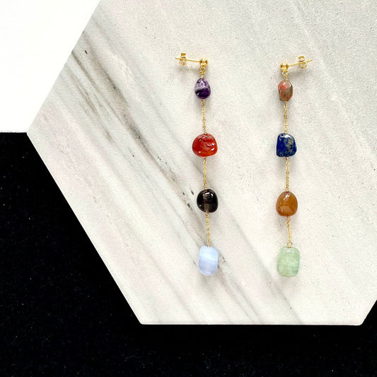 OOAK - Amethyst, Carnelian, Smokey Quartz, Chalcedony, Unakite, Lapis, Quartz, Aventurine, Gold Plated Chain and Vermeil Stud Earrings