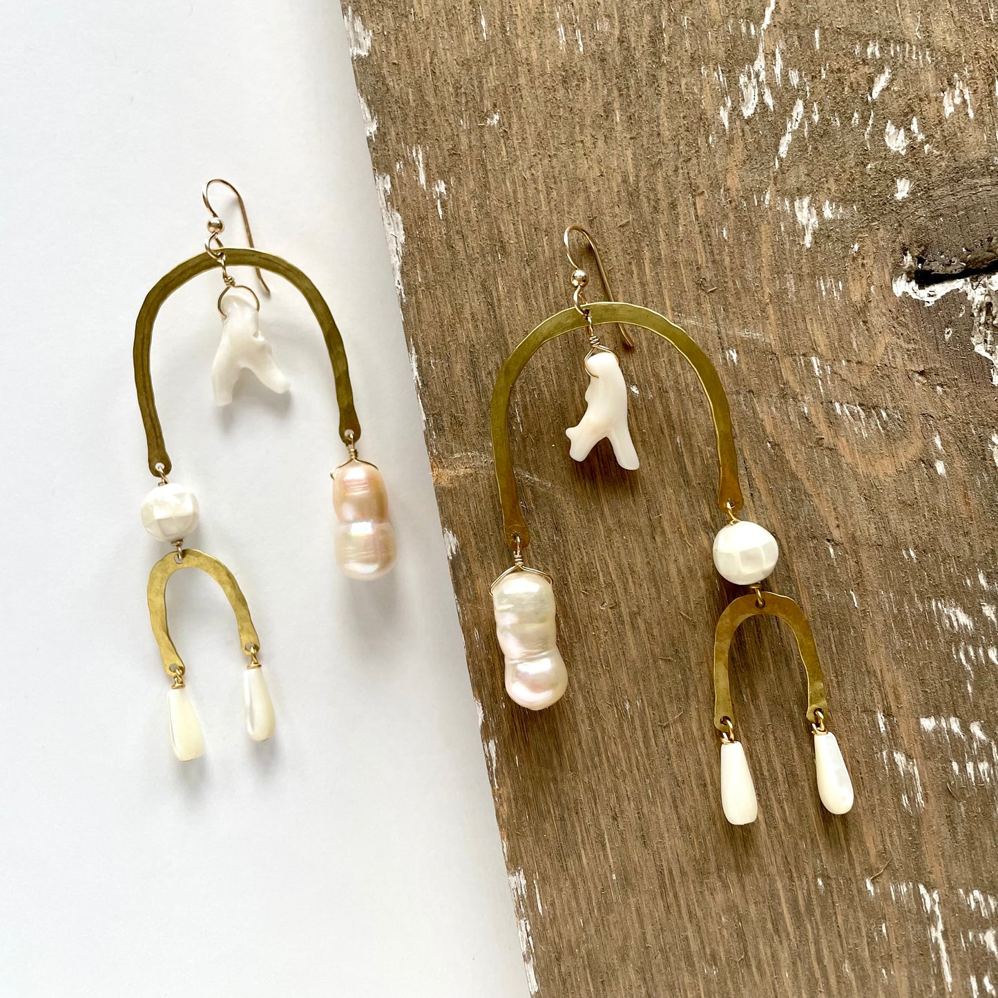 OOAK - Mother of Pearl, Coral, Fresh Water Pearl, Abalone and Hammered Brass Frames with 14K Gold Fill Earrings