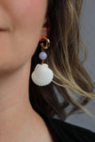 OOAK - White Shells, Chalcedony and Gold Huggie C-Shape Hoop Earrings