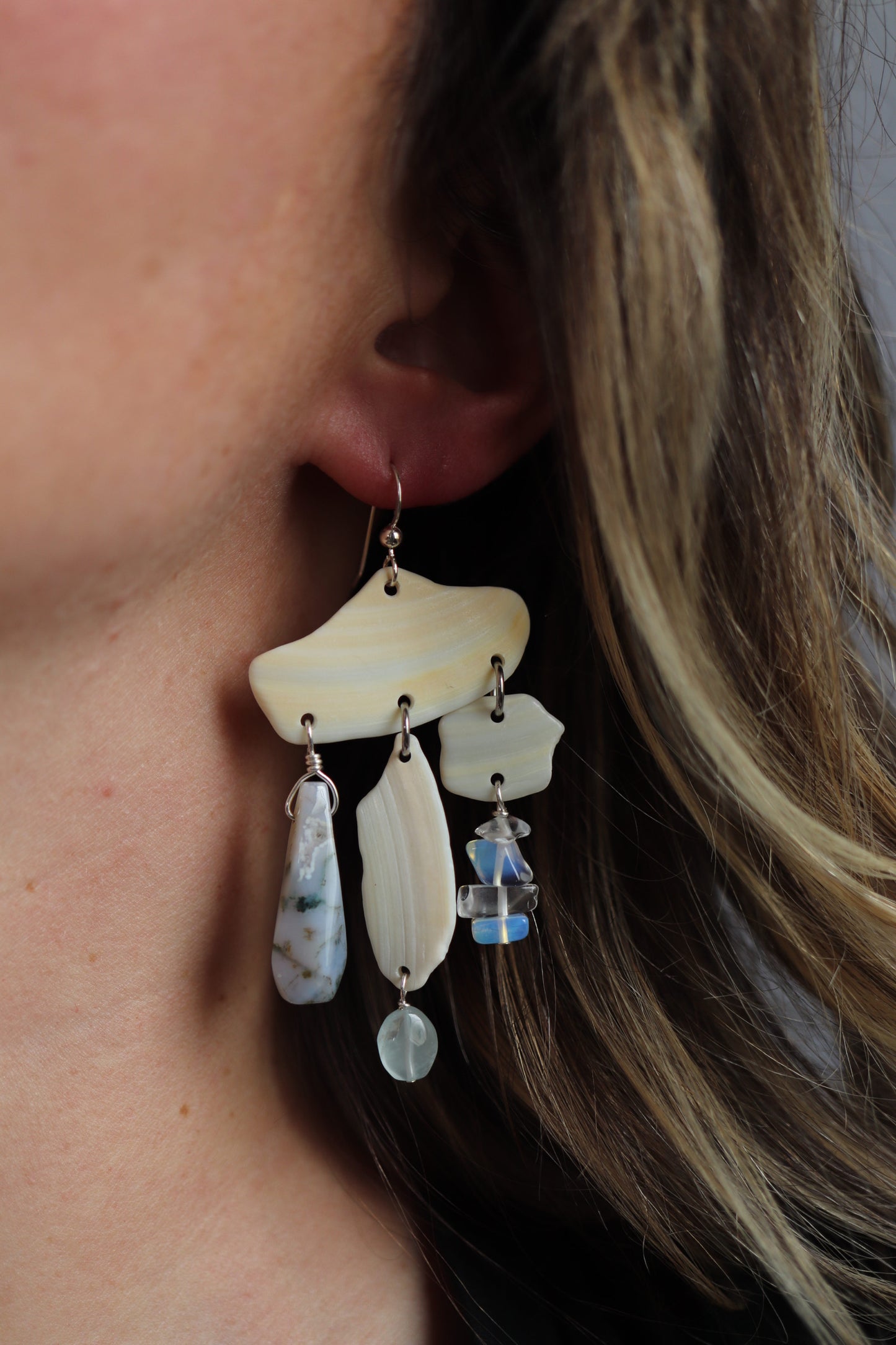 OOAK - Quartz, Aquamarine, Jasper, Sterling Silver and Shell Earrings