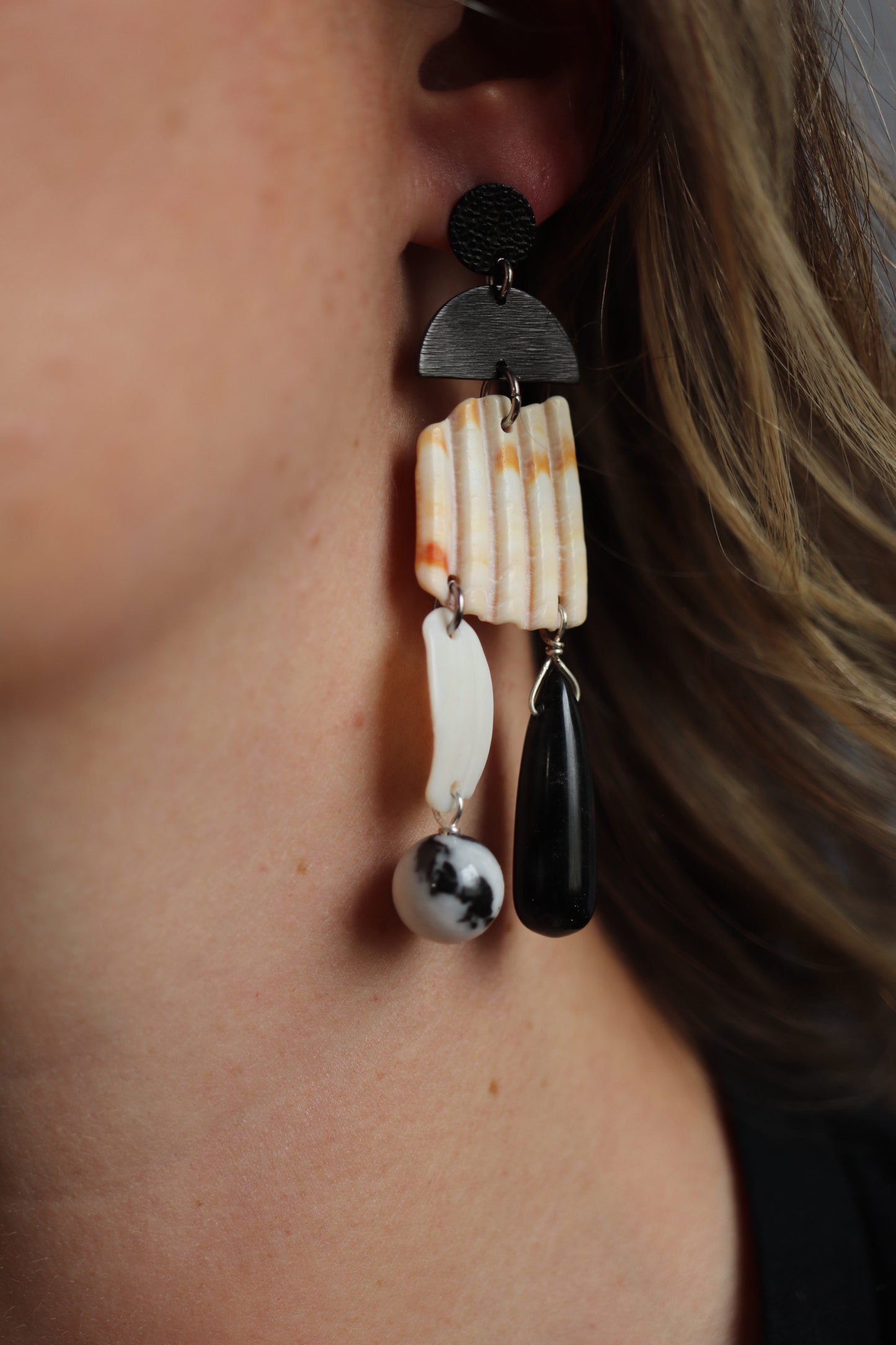 OOAK - Obsidian, Agate, Black Stainless Steel and Shell Earrings