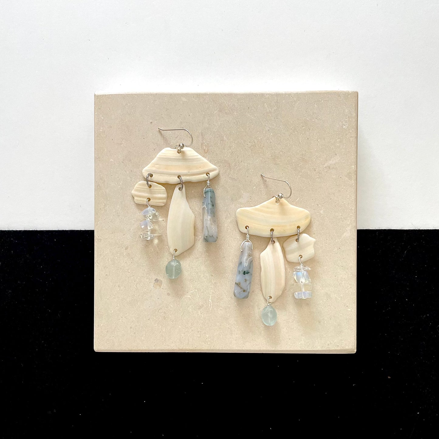 OOAK - Quartz, Aquamarine, Jasper, Sterling Silver and Shell Earrings