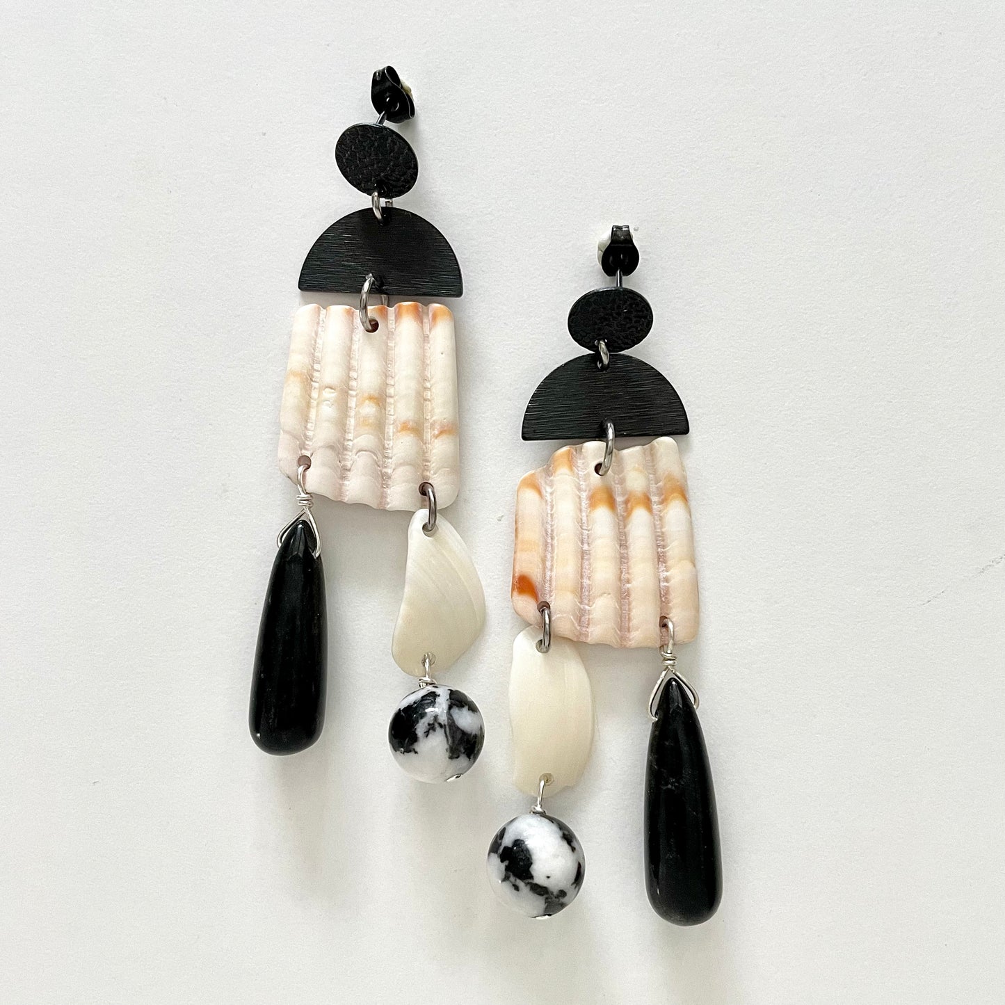 OOAK - Obsidian, Agate, Black Stainless Steel and Shell Earrings