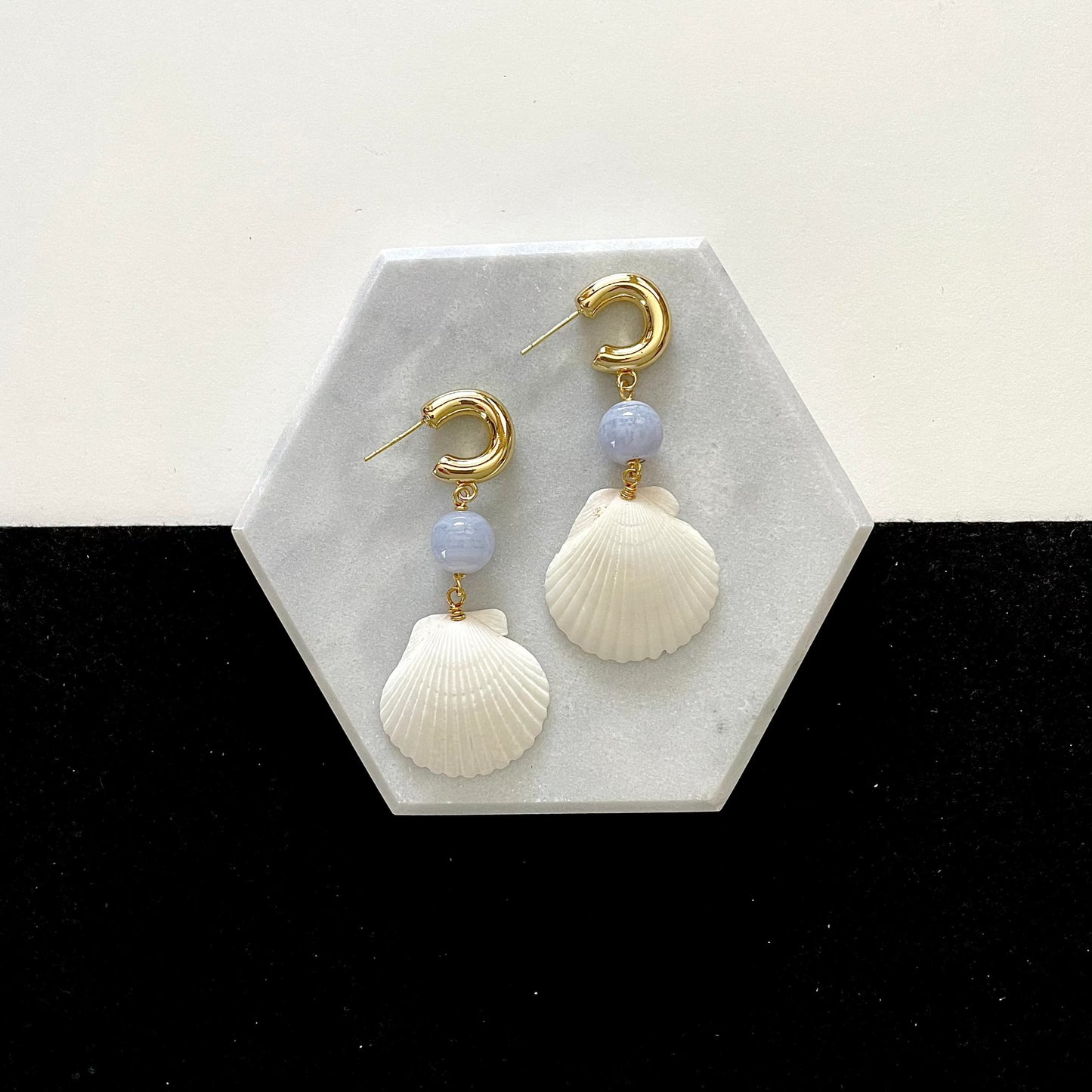 OOAK - White Shells, Chalcedony and Gold Huggie C-Shape Hoop Earrings