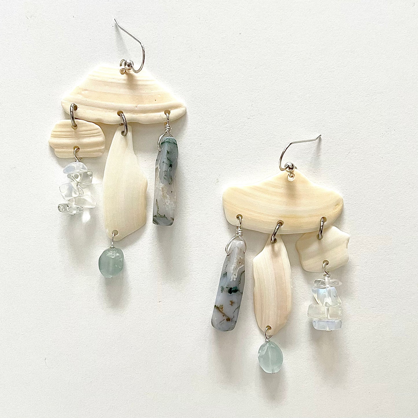 OOAK - Quartz, Aquamarine, Jasper, Sterling Silver and Shell Earrings