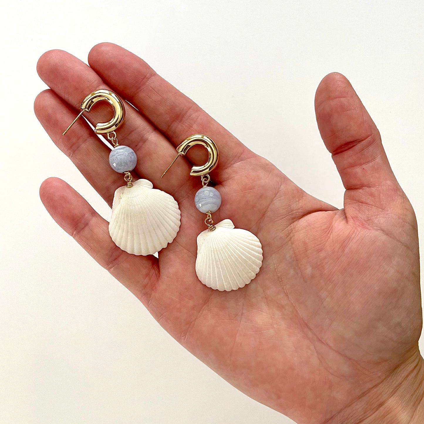 OOAK - White Shells, Chalcedony and Gold Huggie C-Shape Hoop Earrings