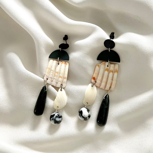 OOAK - Obsidian, Agate, Black Stainless Steel and Shell Earrings