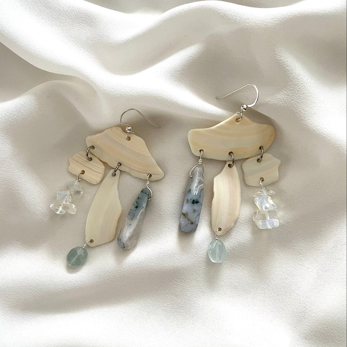 OOAK - Quartz, Aquamarine, Jasper, Sterling Silver and Shell Earrings