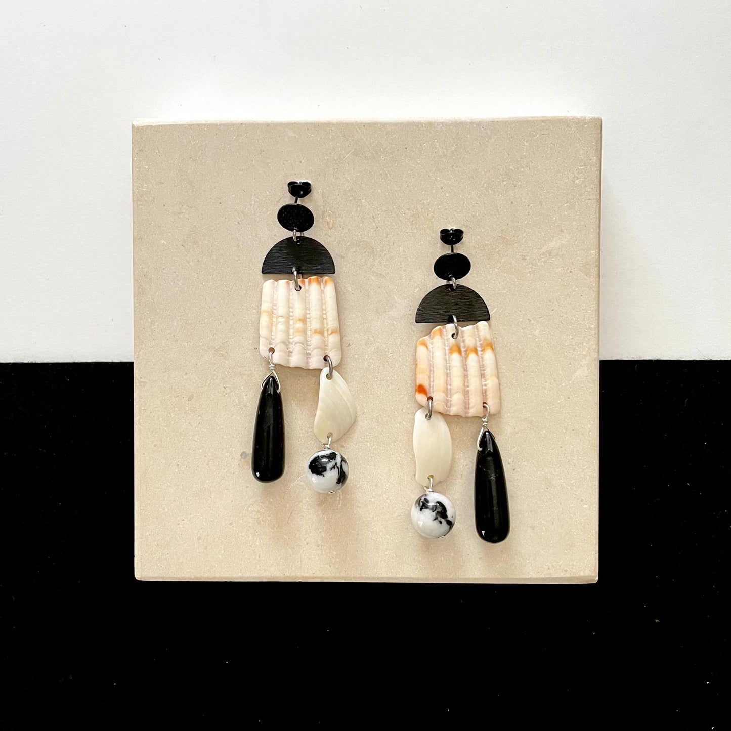 OOAK - Obsidian, Agate, Black Stainless Steel and Shell Earrings