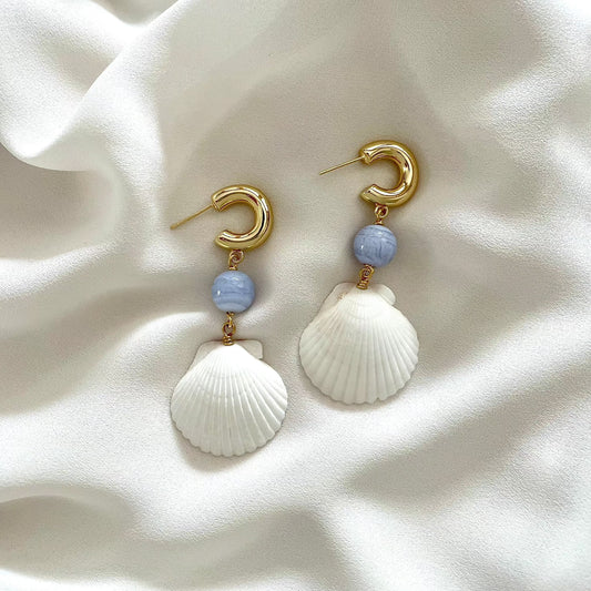 OOAK - White Shells, Chalcedony and Gold Huggie C-Shape Hoop Earrings