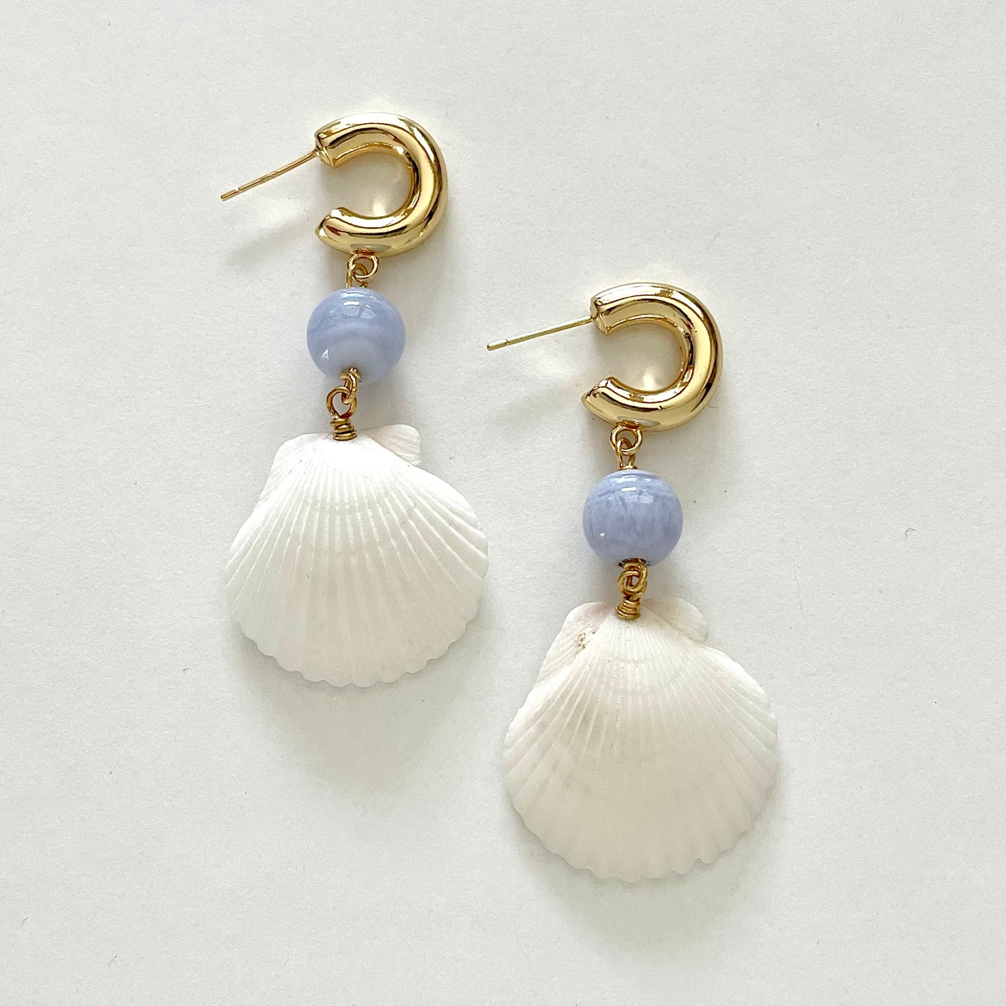 OOAK - White Shells, Chalcedony and Gold Huggie C-Shape Hoop Earrings