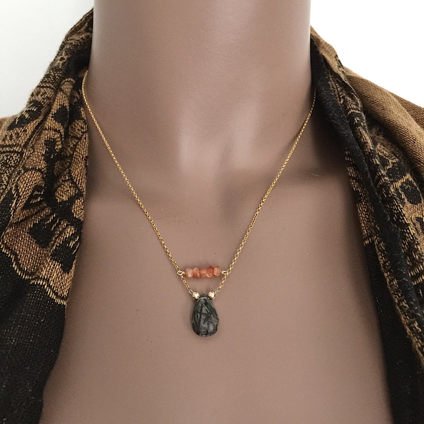 Reuben's Rutilated Quartz and Sunstone Necklace in Sterling Silver and Vermeil