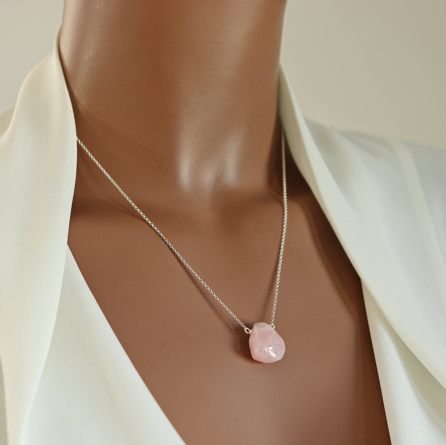 Light Pink Rose Quartz Teardrop Necklace