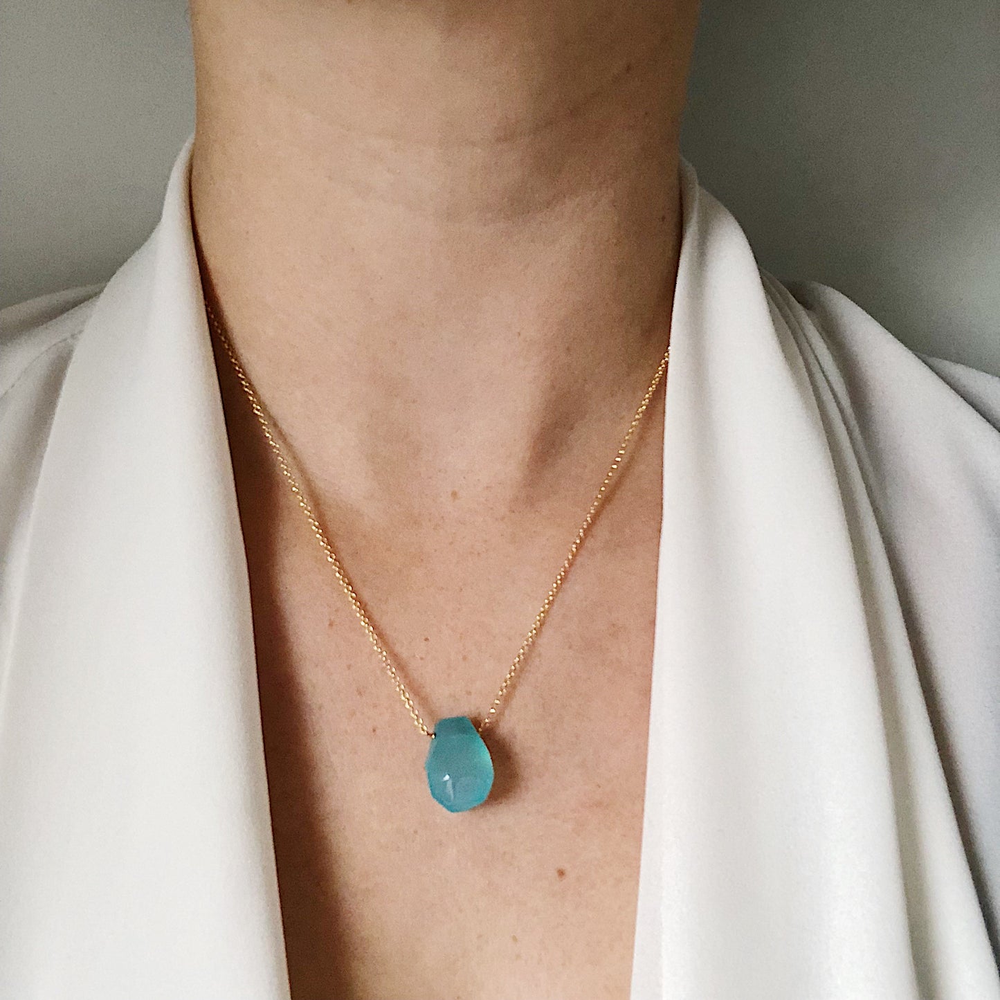 Bright Blue Chalcedony Teardrop Necklace