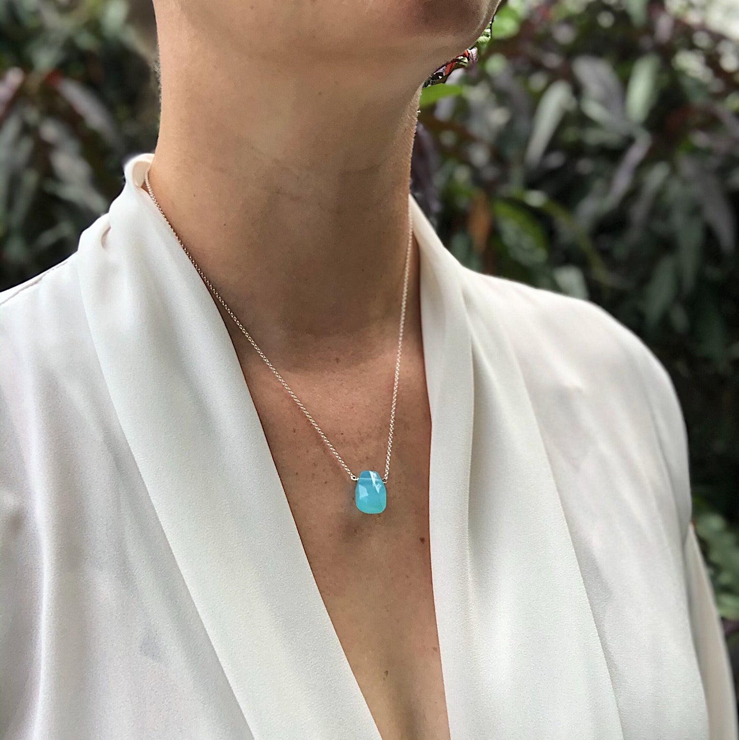 Bright Blue Chalcedony Teardrop Necklace