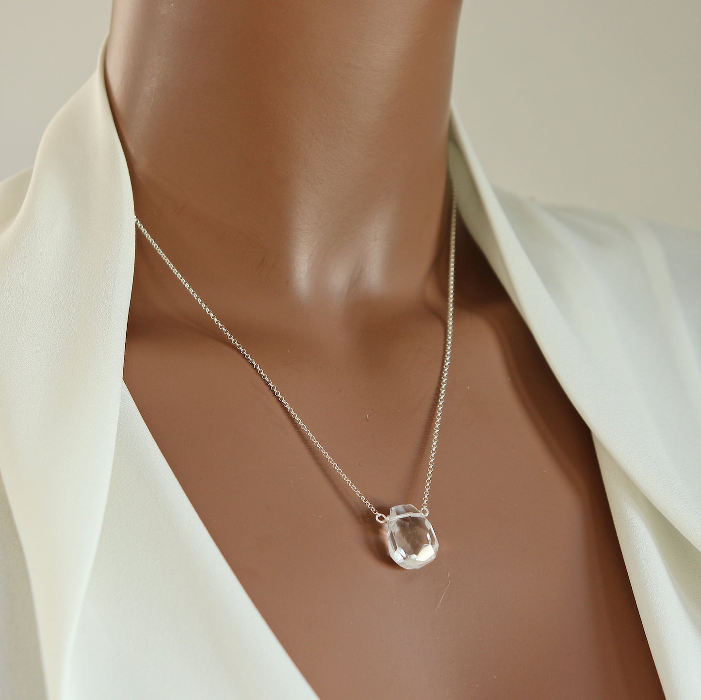 Clear Faceted Quartz Teardrop Necklace