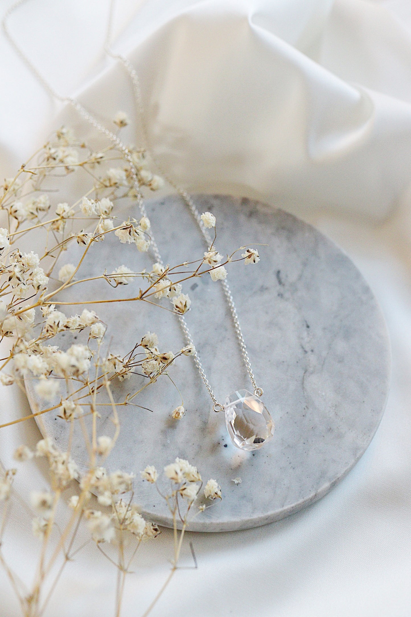 Clear Faceted Quartz Teardrop Necklace