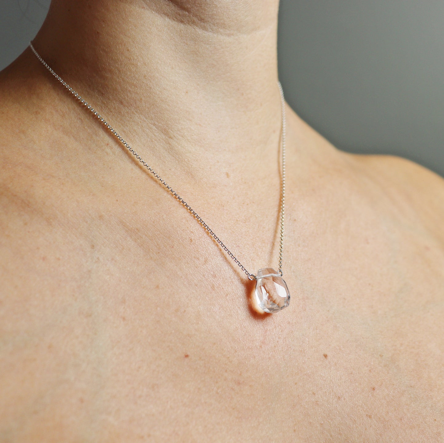 Clear Faceted Quartz Teardrop Necklace