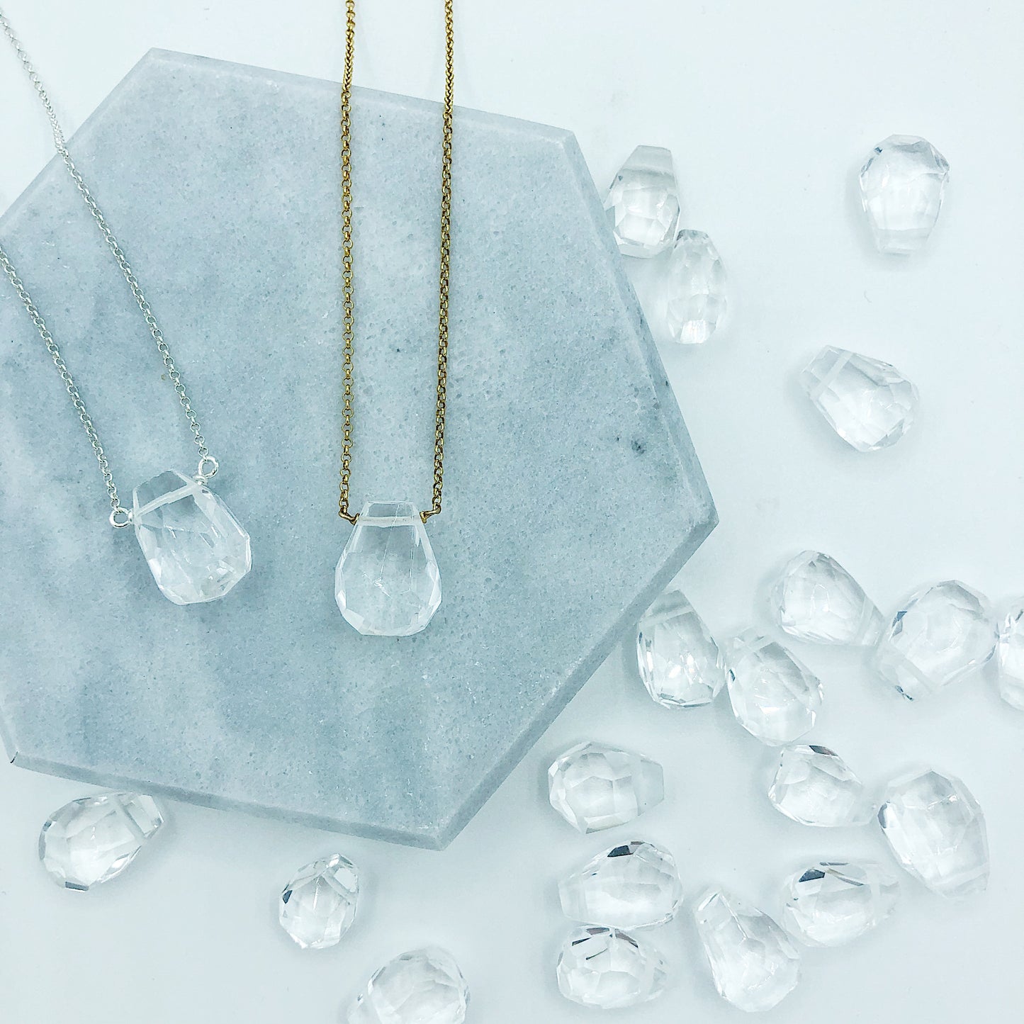 Clear Faceted Quartz Teardrop Necklace