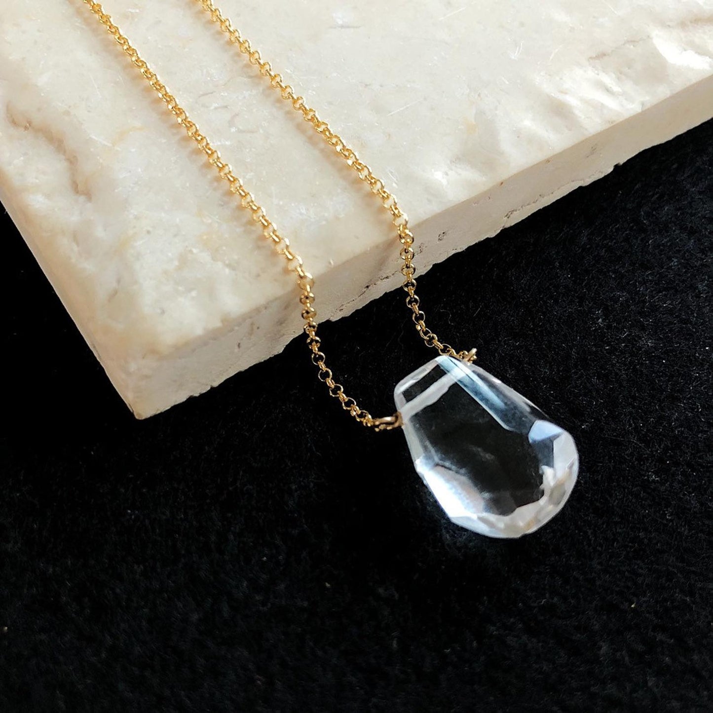 Clear Faceted Quartz Teardrop Necklace