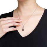 model in a black top wearing a Labradorite round in green gray with flashing blue, sterling silver elongated triangle shape, sterling silver chain short necklace with white background
