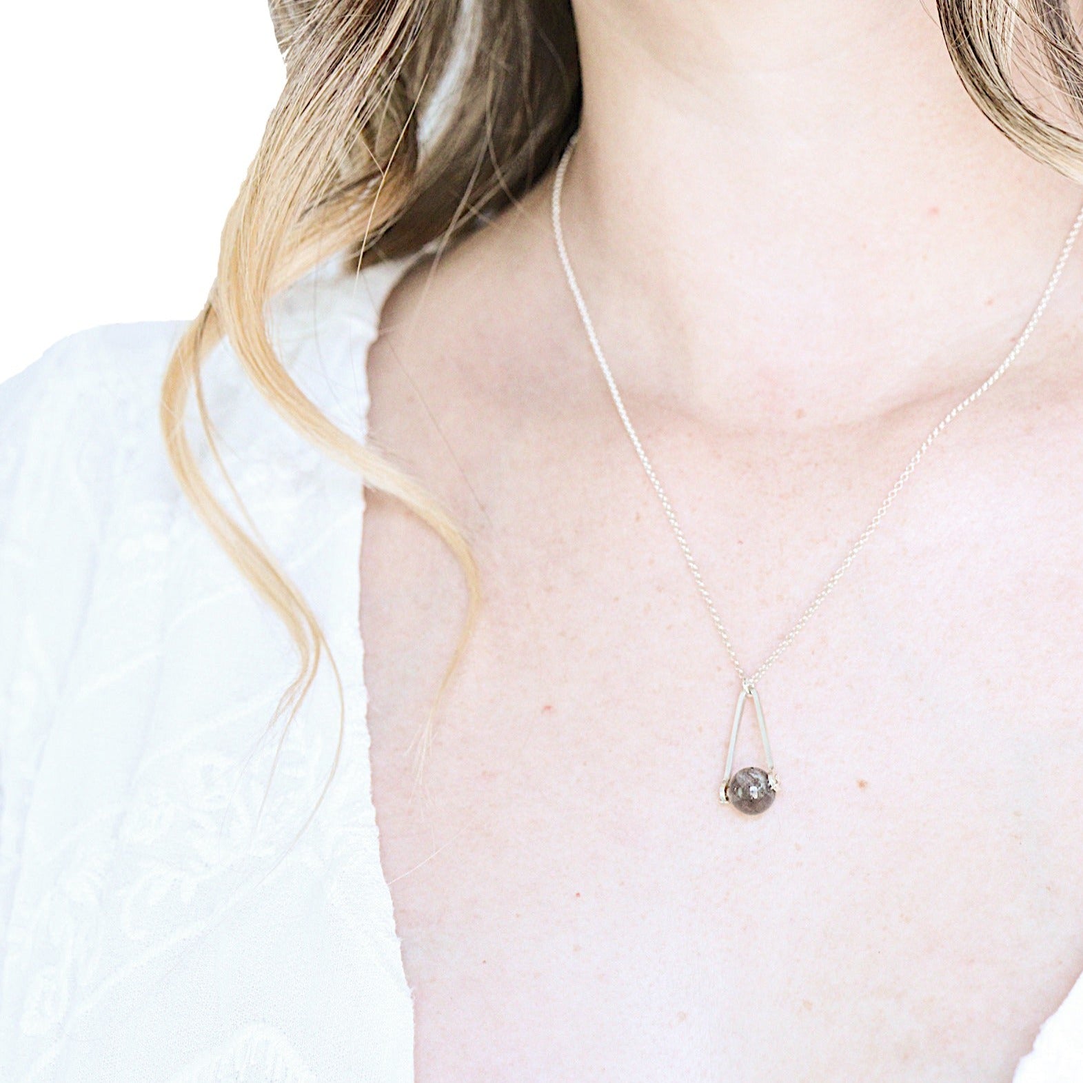 model with a white top and long hair wearing a Labradorite round in green gray with flashing blue, sterling silver elongated triangle shape, sterling silver chain short necklace with white background