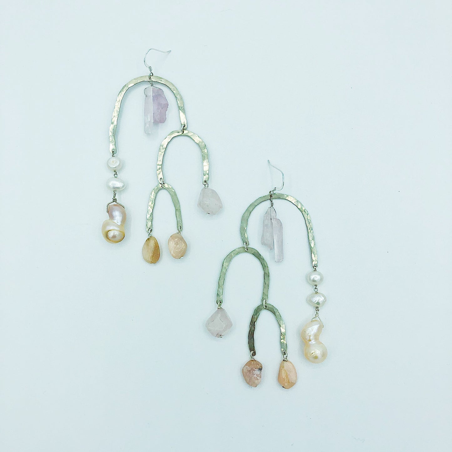 OOAK - Whimsical Pearl, Opal, Kunzite and Quartz Statement Earrings